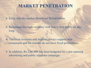 MARKET PENETRATION
 Entry into the market should not be a problem.
 Restaurant has high visibility with heavy foot traffic all day
long.
 The local residents and students always support new
restaurants and the tourists do not have fixed preferences.
 In addition, Rs.2,00,000 has been budgeted for a pre-opening
advertising and public relations campaign.
 