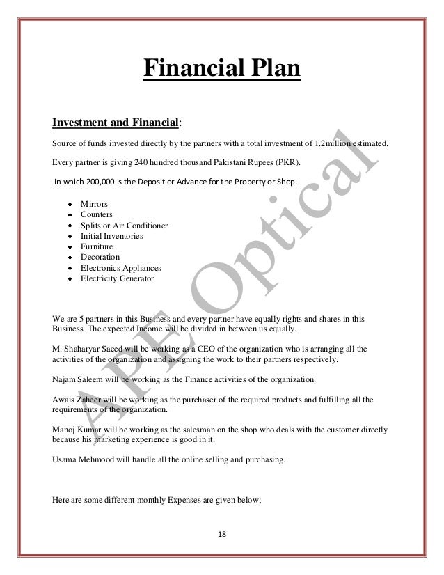 Business plan for optical dispensary picture