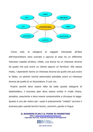 Come

vedi,

le

categorie

di

soggetti

interessati

all’idea

dell’imprenditore sono svariate e ognuna di esse ha un differente
interesse rispetto all’altra; infatti, una banca ha un interesse diverso
da quello che può avere un cliente oppure un fornitore. Allo stesso
modo, i dipendenti hanno un interesse diverso da quello che può avere
lo Stato; un partner (anche potenziale) potrebbe avere un interesse
diverso da quello di un finanziatore. E così via…
Proprio perché deve essere letto da tutte queste categorie di
stakeholders, il business plan deve essere scritto in modo chiaro,
semplice, esauriente e deve essere comprensibile a chiunque lo legge.
Questo è uno dei motivi per i quali è praticamente “vietato” scrivere il
business plan usando termini tecnici, acronimi, parole in lingue

IL BUSINESS PLAN E IL PIANO DI MARKETING
http://www.businessplanvincente.com
copyright 2013 by: Impresa Sviluppo & Management

tutti i diritti riservati

 