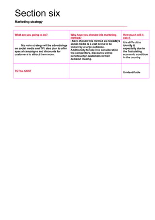 Section six
Marketing strategy
What are you going to do? Why have you chosen this marketing
method?
How much will it
cost?
     My main strategy will be advertisings
on social media and TV.I also plan to offer
special campaigns and discounts for
customers to attract them more.
I have chosen this method as nowadays
social media is a vast arena to be
known by a large audience.
Additionally,to take into consideration
the competitors, discounts will be
beneficial for customers in their
decision making.
It is difficult to
identify it
especilally due to
the fluctulating
economic condition
in the country.
TOTAL COST
     
Unidentifiable
 