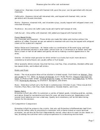 Business plan for coffee cafe and internet
Page 7
Cappuccino - Espresso mixed with foamed milk upon the pour; can be garnished with shaved
chocolate.
Caffé Latte - Espresso mixed with steamed milk, and topped with foamed milk; can be
garnished with shaved chocolate.
Mocha - Espresso, steamed milk, and chocolate syrup, usually topped with whipped cream and
chocolate shavings.
The Breve - An extra rich Caffe' Latte made with half & half instead of milk.
Café Au Lait - Drip coffee with steamed milk added and topped with foamed milk.
Flavor-Based Drinks
Hot Chocolate and Steamers - These drinks are made like lattes and mochas without the
addition of coffee. Flavored syrups are added to steamed milk and may be topped with whipped
cream at the customer's request.
Italian Sodas and Creamosas - An Italian soda is a combination of flavored syrup and high
quality carbonated mineral or soda water, served over ice. A creamosa is an Italian soda with
heavy cream or half & half added and gently stirred to making a swirled appearance in the
drink.
Granita - An Italian style granular ice drink similar to a slushy but much more dense in
consistency.Granita flavors are usually coffee or fruit based
Other specialty drinks include: Gourmet hot tea, iced Tea, Chai, smoothies, blended coffee and
tea-based drinks, and bottled soft drinks.
Books and Music
Books - The most popular titles will be stocked in limited supply. Such books as Woman, Thou
are Loosed by T.D. Jakes; In Pursuit of Purpose, by Dr. Myles Munroe; Prayers That Heal The
Heart, by Mark & Patti Virkler; A Fresh Word For Today, by Bob Gass; Run Baby Run, by Nicky
Cruz; Morning By Morning, by Charles H. Spurgeon, and others.
Music - Enterslice LLPwill carry the finest in contemporary Christian music. Titles include Kirk
Franklin; Mary Mary; Set Free; Audio Adrenaline; Yolanda Adams, and more.
Bakery Items
Enterslice LLPwill also offer its customers a variety of baked goods, including pastries, cookies,
and cakes. Bread for sandwiches and buns for soup will also be secured. Negotiations with
several local bakeries are now underway. Quality and consistency will be the determining
factors for this decision.
3.2 Competitive Comparison
Enterslice LLPwill be unique in the vicinity. Not only will Enterslice LLPdifferentiate itself from
the strictly-coffee cafes by providing its customers with a theme based on sound spiritual
principles, we will also be the first independently-owned, urban store to roast its own beans on-
site, providing the customer with a unique experience in a welcoming environment.
 