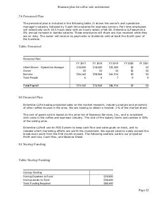 Business plan for coffee cafe and internet
Page 22
7.4 Personnel Plan
The personnel plan is included in the following table. It shows the owner's and operations
manager's salaries, followed by 5 part-time salaries for espresso servers. Part time employees
will collectively work 19.5 hours daily with an hourly salary of $8.00. Enterslice LLPassumes a
5% annual increase in barista salaries. These employees will share any tips received while they
are on duty. The owner will receive no payments or dividends until at least the fourth year of
the business.
Table: Personnel
Personnel Plan
FY 2017 FY 2018 FY 2019 FY 2020 FY 2021
Albert Brown - Operations Manager $18,000 $18,000 $25,000 $0 $0
Owner $0 $0 $0 $0 $0
Baristas $56,160 $58,968 $61,916 $0 $0
Total People 6 6 7 0 0
Total Payroll $74,160 $76,968 $86,916 $0 $0
8.0 Financial Plan
Enterslice LLPis basing projected sales on the market research, industry analysis and proximity
of other coffee houses in the area. We are looking to obtain a modest .1% of the market share.
The cost of goods sold is based on the price list of Espresso Services, Inc., and is consistent
with costs in the coffee and espresso industry. The cost of the bakery items and candies is 50%
of the selling price.
Enterslice LLPwill use its POS System to keep cash flow and sales goals on track, and to
indicate which marketing efforts are worth the investment. We expect sales to easily exceed the
break-even point from the first month onward. The following sections outline our projected
Profit and loss, Cash Flow, and Balance Sheet.
8.1 Startup Funding
Table: Startup Funding
Startup Funding
Startup Expenses to Fund $29,800
Startup Assets to Fund $58,600
Total Funding Required $88,400
 