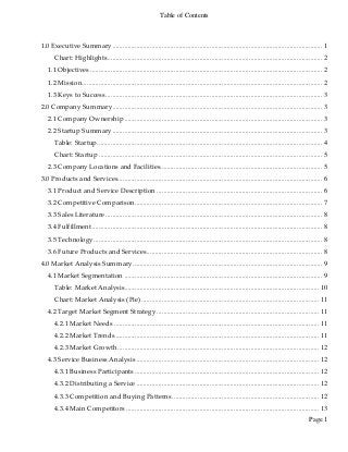 Table of Contents
Page 1
1.0 Executive Summary........................................................................................................................... 1
Chart: Highlights.............................................................................................................................. 2
1.1 Objectives ........................................................................................................................................ 2
1.2 Mission............................................................................................................................................. 2
1.3 Keys to Success............................................................................................................................... 3
2.0 Company Summary........................................................................................................................... 3
2.1 Company Ownership .................................................................................................................... 3
2.2 Startup Summary........................................................................................................................... 3
Table: Startup.................................................................................................................................... 4
Chart: Startup ................................................................................................................................... 5
2.3 Company Locations and Facilities............................................................................................... 5
3.0 Products and Services........................................................................................................................ 6
3.1 Product and Service Description ................................................................................................. 6
3.2 Competitive Comparison.............................................................................................................. 7
3.3 Sales Literature............................................................................................................................... 8
3.4 Fulfillment....................................................................................................................................... 8
3.5 Technology...................................................................................................................................... 8
3.6 Future Products and Services....................................................................................................... 8
4.0 Market Analysis Summary............................................................................................................... 9
4.1 Market Segmentation .................................................................................................................... 9
Table: Market Analysis.................................................................................................................. 10
Chart: Market Analysis (Pie) ........................................................................................................ 11
4.2 Target Market Segment Strategy ............................................................................................... 11
4.2.1 Market Needs ........................................................................................................................ 11
4.2.2 Market Trends ....................................................................................................................... 11
4.2.3 Market Growth...................................................................................................................... 12
4.3 Service Business Analysis........................................................................................................... 12
4.3.1 Business Participants............................................................................................................ 12
4.3.2 Distributing a Service ........................................................................................................... 12
4.3.3 Competition and Buying Patterns ...................................................................................... 12
4.3.4 Main Competitors ................................................................................................................. 13
 