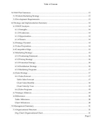 Table of Contents
Page 2
5.0 Web Plan Summary......................................................................................................................... 13
5.1 Website Marketing Strategy ....................................................................................................... 13
5.2 Development Requirements....................................................................................................... 13
6.0 Strategy and Implementation Summary ...................................................................................... 14
6.1 SWOT Analysis ............................................................................................................................ 14
6.1.1 Strengths................................................................................................................................. 14
6.1.2 Weaknesses ............................................................................................................................ 14
6.1.3 Opportunities......................................................................................................................... 14
6.1.4 Threats .................................................................................................................................... 14
6.2 Strategy Pyramid.......................................................................................................................... 14
6.3 Value Proposition......................................................................................................................... 14
6.4 Competitive Edge......................................................................................................................... 15
6.5 Marketing Strategy ...................................................................................................................... 15
6.5.1 Positioning Statement........................................................................................................... 16
6.5.2 Pricing Strategy ..................................................................................................................... 16
6.5.3 Promotion Strategy............................................................................................................... 16
6.5.4 Distribution Strategy ............................................................................................................ 16
6.5.5 Marketing Programs............................................................................................................. 17
6.6 Sales Strategy................................................................................................................................ 17
6.6.1 Sales Forecast......................................................................................................................... 17
Table: Sales Forecast .................................................................................................................. 17
Chart: Sales Monthly ................................................................................................................. 18
Chart: Sales by Year................................................................................................................... 19
6.6.2 Sales Programs ...................................................................................................................... 19
6.7 Strategic Alliances........................................................................................................................ 19
6.8 Milestones ..................................................................................................................................... 20
Table: Milestones............................................................................................................................ 20
Chart: Milestones ........................................................................................................................... 20
7.0 Management Summary................................................................................................................... 21
7.1 Organizational Structure............................................................................................................. 21
Org. Chart: Organizational Chart................................................................................................ 21
 
