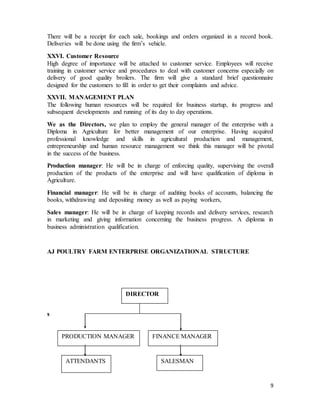 9
There will be a receipt for each sale, bookings and orders organized in a record book.
Deliveries will be done using the firm’s vehicle.
XXVI. Customer Resource
High degree of importance will be attached to customer service. Employees will receive
training in customer service and procedures to deal with customer concerns especially on
delivery of good quality broilers. The firm will give a standard brief questionnaire
designed for the customers to fill in order to get their complaints and advice.
XXVII. MANAGEMENT PLAN
The following human resources will be required for business startup, its progress and
subsequent developments and running of its day to day operations.
We as the Directors, we plan to employ the general manager of the enterprise with a
Diploma in Agriculture for better management of our enterprise. Having acquired
professional knowledge and skills in agricultural production and management,
entrepreneurship and human resource management we think this manager will be pivotal
in the success of the business.
Production manager: He will be in charge of enforcing quality, supervising the overall
production of the products of the enterprise and will have qualification of diploma in
Agriculture.
Financial manager: He will be in charge of auditing books of accounts, balancing the
books, withdrawing and depositing money as well as paying workers,
Sales manager: He will be in charge of keeping records and delivery services, research
in marketing and giving information concerning the business progress. A diploma in
business administration qualification.
AJ POULTRY FARM ENTERPRISE ORGANIZATIONAL STRUCTURE
s
DIRECTOR
FINANCE MANAGERPRODUCTION MANAGER
ATTENDANTS SALESMAN
 