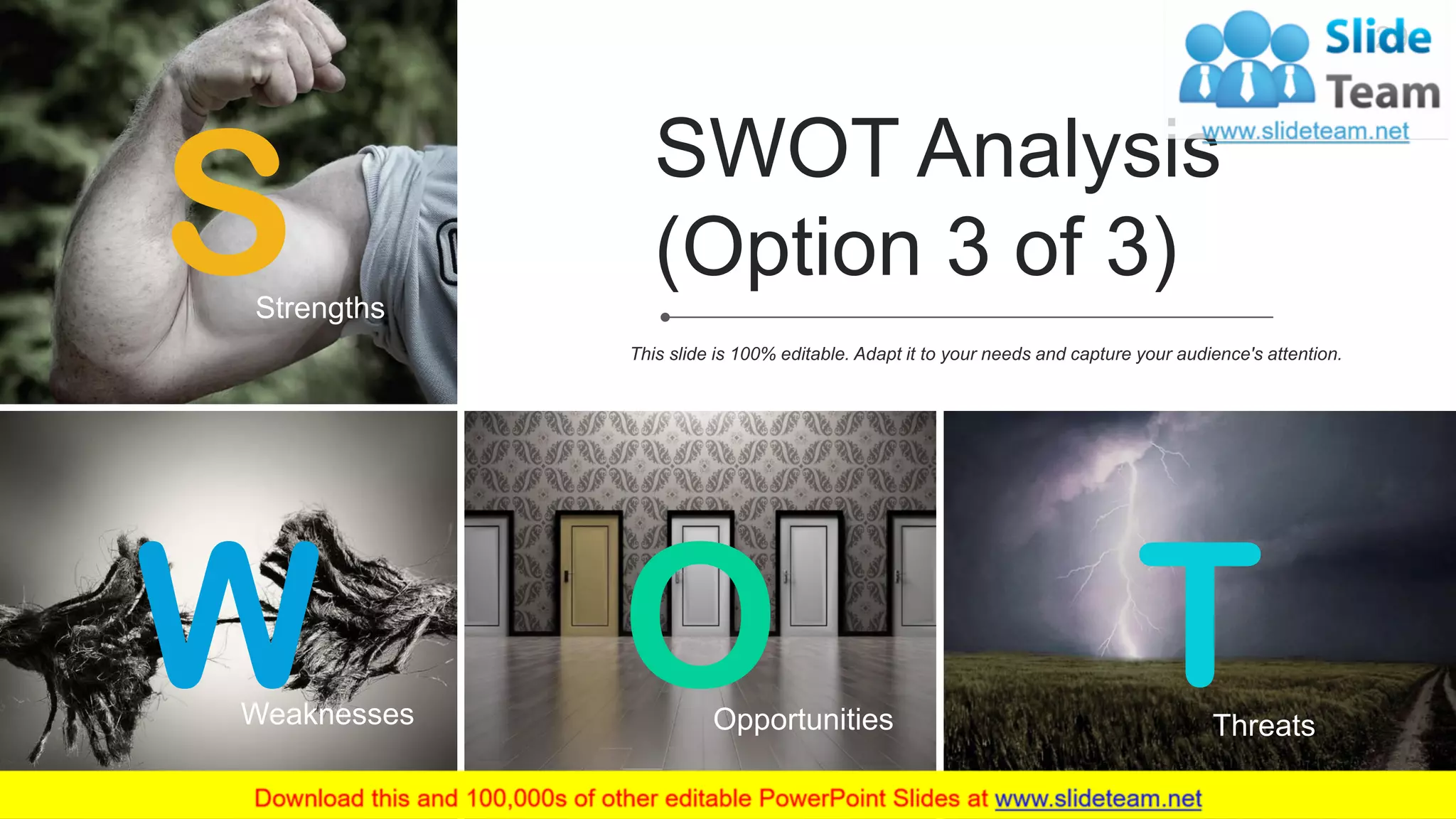 Strengths
ThreatsWeaknesses Opportunities
SWOT Analysis
(Option 3 of 3)
29
This slide is 100% editable. Adapt it to your needs and capture your audience's attention.
 