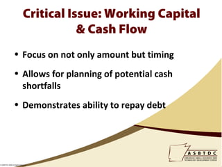 Critical Issue: Working Capital
                                       & Cash Flow
                 • Focus on not only amount but timing
                 • Allows for planning of potential cash
                   shortfalls
                 • Demonstrates ability to repay debt




© ASBTDC 2009 All Rights Reserved
 