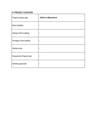 5.1 PROJECT LOCATION
Project location plan : Refer to Attachment
Basic facilities :
Design of the building :
Acreage of the building :
Rental costs :
Equipment of layout plan :
Building approvals :
 