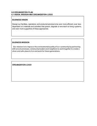 6.0 ORGANIZATION PLAN
6.1 VISION, MISSION AND ORGANIZATION LOGO
BUSINESS VISION
Design our facilities, operations and products/services to be ever more efficient, ever less
dependent on materials and activities that poison, degrade or encroach on living systems,
and ever more supportive of these approaches
BUSINESS MISSION
Our mission is to improve the environmentalquality of our community by partnering
with area businesses, community leaders and neighbors to work together to create a
clean and safe place to live and work for future generations.
ORGANIZATION LOGO
 