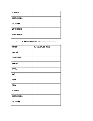 AUGUST
SEPTEMBER
OCTOBER
NOVEMBER
DECEMBER
II. NAME OF PRODUCT :-----------------------------
MONTH TOTAL SALES (RM)
JANUARY
FEBRUARY
MARCH
APRIL
MAY
JUNE
JULY
AUGUST
SEPTEMBER
OCTOBER
 