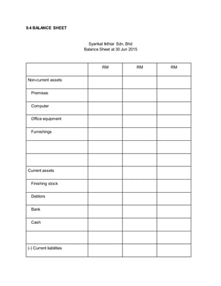 9.4 BALANCE SHEET
Syarikat Ikthiar Sdn, Bhd
Balance Sheet at 30 Jun 2015
RM RM RM
Non-current assets
Premises
Computer
Office equipment
Furnishings
Current assets
Finishing stock
Debtors
Bank
Cash
(-) Current liabilities
 