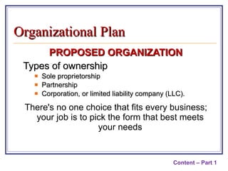 PROPOSED ORGANIZATION Types of ownership Sole proprietorship Partnership Corporation, or limited liability company (LLC).  There's no one choice that fits every business; your job is to pick the form that best meets your needs Content – Part 1 Organizational Plan 
