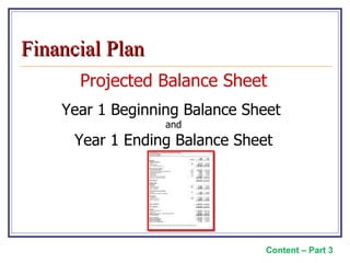 Projected Balance Sheet Year 1 Beginning Balance Sheet  and Year 1 Ending Balance Sheet Content – Part 3 Financial Plan 