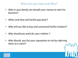 Who Can you Help and Why?
• Who in your family can benefit your money to start his
business?
• When and How will he/she pay back?
• Why will you like to buy and consumed his/her product?
• Why should you work for your relative ?
• Why Should you Put your reputation at risk by referring
them to a client?
 