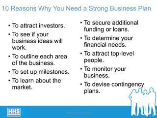 10 Reasons Why You Need a Strong Business Plan
• To attract investors.
• To see if your
business ideas will
work.
• To outline each area
of the business.
• To set up milestones.
• To learn about the
market.
• To secure additional
funding or loans.
• To determine your
financial needs.
• To attract top-level
people.
• To monitor your
business.
• To devise contingency
plans.
Building a Business Plan 21
 