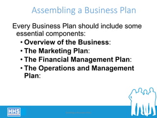 Assembling a Business Plan
Every Business Plan should include some
essential components:
• Overview of the Business:
• The Marketing Plan:
• The Financial Management Plan:
• The Operations and Management
Plan:
Building a Business Plan 24
 