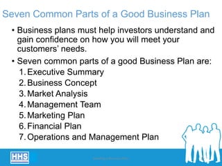 Seven Common Parts of a Good Business Plan
• Business plans must help investors understand and
gain confidence on how you will meet your
customers’ needs.
• Seven common parts of a good Business Plan are:
1.Executive Summary
2.Business Concept
3.Market Analysis
4.Management Team
5.Marketing Plan
6.Financial Plan
7.Operations and Management Plan
Building a Business Plan 25
 