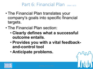 Part 6: Financial Plan (Slide 1 of 2)
• The Financial Plan translates your
company's goals into specific financial
targets.
• The Financial Plan section:
• Clearly defines what a successful
outcome entails.
• Provides you with a vital feedback-
and-control tool
• Anticipate problems.
Building a Business Plan 31
 