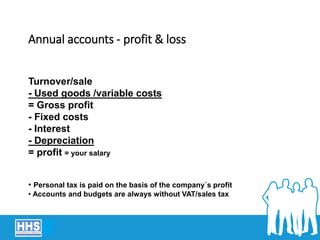 Annual accounts - profit & loss
Turnover/sale
- Used goods /variable costs
= Gross profit
- Fixed costs
- Interest
- Depreciation
= profit = your salary
• Personal tax is paid on the basis of the company´s profit
• Accounts and budgets are always without VAT/sales tax
 