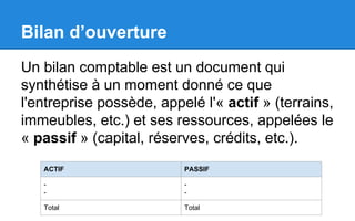 Bilan d’ouverture
Un bilan comptable est un document qui
synthétise à un moment donné ce que
l'entreprise possède, appelé l'« actif » (terrains,
immeubles, etc.) et ses ressources, appelées le
« passif » (capital, réserves, crédits, etc.).
ACTIF PASSIF
-
-
-
-
Total Total
 