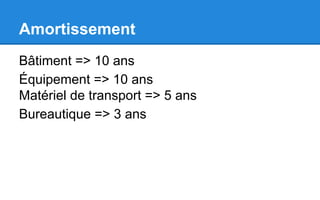 Amortissement
Bâtiment => 10 ans
Équipement => 10 ans
Matériel de transport => 5 ans
Bureautique => 3 ans
 