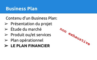 Business Plan
Contenu d’un Business Plan:
➢ Présentation du projet
➢ Étude du marché
➢ Produit ou/et services
➢ Plan opérationnel
➢ LE PLAN FINANCIER
non
exhaustive
 