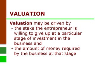 VALUATION  Valuation  may be driven by   - the stake the entrepreneur is    willing to give up at a particular    stage of investment in the    business and   - the amount of money required    by the business at that stage 