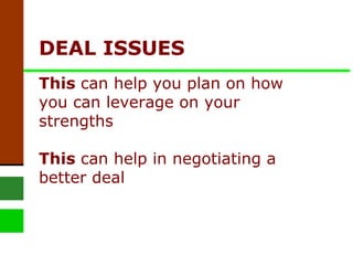 DEAL ISSUES  This  can help you plan on how you can leverage on your strengths  This  can help in negotiating a better deal 