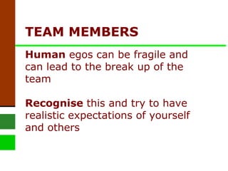 TEAM MEMBERS  Human  egos can be fragile and can lead to the break up of the team Recognise  this and try to have realistic expectations of yourself and others 