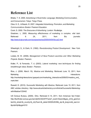 25
Reference List
Bhatia, T. K. 2000. Advertising in Rural India: Language, Marketing Communication,
and Consumerism. Tokyo: Tokyo Press
Clow, K. E., & Baack, D. 2007. Integrated Advertising, Promotion, and Marketing
Communications. Boston: Pearson Education.
Cook, G. 2000. The Discourse of Advertising. London: Routledge.
Graebner, L. 2005. Measuring effectiveness of marketing is complex, vital task.
Retrieved 6 24, 2011, from Biz journals:
http://www.bizjournals.com/sanjose/stories/2005/04/04/focus2.html
Wheelright, S., & Clark, K. (1992). Revolutionizing Product Development . New York:
Pearson.
Lodato, M. W. (2008). Management of New Product Launches and Other Marketing
Projects. Boston: Pearson.
Kotler, P., & Fernando, T. d. (2003). Lateral marketing: new techniques for finding
breakthrough ideas. Boston : Pearson.
Rice, J. (2006, March 16). Maslow and Marketing. Retrieved June 15, 2011, from
Marketing interactions:
http://marketinginteractions.typepad.com/marketing_interactions/2006/03/maslow_and_
mark.html
Russell, D. (2010). Successful Marketing with Maslow. Retrieved June 15, 2011, from
ABC articles directory: http://www.abcarticledirectory.com/Article/Successful-Marketing-
with-Maslow/125442
US Census Bureau. (2009). Ohio. Retrieved 6 15, 2011, from American fact finder:
http://factfinder.census.gov/servlet/ACSSAFFFacts?_event=Search&geo_id=&_geoCon
text=&_street=&_county=&_cityTown=&_state=04000US39&_zip=&_lang=en&_sse=on
&pctxt=fph&pgsl=010
 