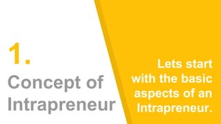 1.
Concept of
Intrapreneur
Lets start
with the basic
aspects of an
Intrapreneur.
 