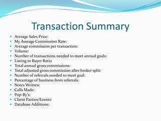 Transaction Summary
   Average Sales Price:
   My Average Commission Rate:
   Average commission per transaction:
   Volume:
   Number of transactions needed to meet annual goals:
   Listing to Buyer Ratio
   Total annual gross commissions:
   Total adjusted gross commission after broker split:
   Number of referrals needed to meet goal:
   Percentage of business from referrals:
   Notes Written:
   Calls Made:
   Pop-By’s:
   Client Parties/Events:
   Database Additions:
 