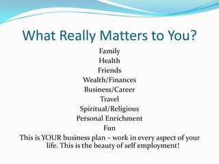 What Really Matters to You?
                            Family
                            Health
                            Friends
                       Wealth/Finances
                        Business/Career
                             Travel
                      Spiritual/Religious
                     Personal Enrichment
                              Fun
This is YOUR business plan – work in every aspect of your
         life. This is the beauty of self employment!
 