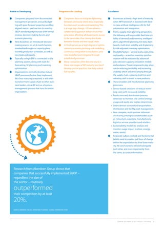 Aware to Developing
	Companies progress from disconnected
management processes, annual budget-
ing with poor forward projection and few
aligned metrics per function to monthly
SOP standardized processes with formal
reviews, decision making forums and
scenario planning.
	 New disciplines are introduced: decision
making process on a 3-6 month horizon,
standardized rough-cut capacity plans,
monthly production schedules, as well as
new tools and reports.
	Typically a single ERP is connected to the
planning system, along with tools for
forecasting, SC planning and inventory
optimization.
	 Organizations normally develop mature
SOP processes before they implement
IBP. Once maturity is reached, it will often
transition from supply chain to other busi-
ness leaders, since IBP acts as a business
management process that runs the entire
organization.
Progressive to Leading
	Companies focus on integrated planning
between previously siloed areas, especially
functions such as sales and marketing. This
is a huge step change - it’s here where a
collaborative approach delivers true enter-
prise value, affording all departments’access
to the same data, thus closing the divide
between finance and the supply chain.
	In this level we see a high degree of optimi-
zation by scenario planning and modelling,
continuous integrated reconciliation, and
risks modelled and mitigated through
established processes.
	 Many companies often become stuck in
these mid-stages of IBP maturity and don’t
develop crucial practices that help unlock
full benefits.
Excellence
	Businesses achieve a high level of maturity
when IBP framework is boosted with best-
in-class artificial intelligence (AI) for full
automation and integration.
	From a supply chain planning perspective,
the following will be possible: Real-time vis-
ibility of demand and inventory, intelligent
alerts, algorithmic planning, live data dash-
boards, multi-level visibility and AI planning
for risk-adjusted inventory optimization.
	Flexibility factors – service levels, costs, time,
and quality – as well as inventory synchro-
nization will be evaluated by advanced
auto-decision support, simulation models
and analyzers. These components play a key
role in reducing variability and increasing
visibility, which will drive velocity through
the supply chain, reducing lead time and
releasing cash to invest in new products.
	These enablers will revolutionize planning
processes:
»	 Sensor-based solutions to reduce inven-
tory costs with increased visibility.
»	 Production and distribution process
detectors to monitor and control energy
usage and waste and to plan downtimes.
»	 Smart devices to monitor transportation,
distribution and facility asset management.
»	 Non-compete, multi-partner informati-
on-sharing among key stakeholders such
as consumers, suppliers, manufacturers,
logistics service providers and retailers.
»	 Sustainability models to analyze and
monitor usage impact (carbon, energy,
water, waste).
	Corporate culture, outlook and fundamental
beliefs need to create a pull force of change
within the organization to drive faster matu-
rity. All core functions will work alongside
each other, and more importantly, from
the same, accurate information.
Research from Aberdeen Group shows that
companies that successfully implemented SOP –
regardless the size of
the sector – routinely
outperformed
their competitors by at least
20%.
SOURCE: ABERDEEN: SALES  OPERATIONS PLANNING - GLOBAL COMPARISON STUDY
External document © 2017 Infosys Consulting 6
 
