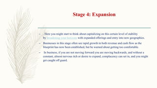 Stage 4: Expansion
– . Here you might start to think about capitalizing on this certain level of stability
by broadening your horizons with expanded offerings and entry into new geographies.
– Businesses in this stage often see rapid growth in both revenue and cash flow as the
blueprint has now been established, but be warned about getting too comfortable.
– In business, if you are not moving forward you are moving backwards, and without a
constant, almost nervous itch or desire to expand, complacency can set in, and you might
get caught off guard.
 