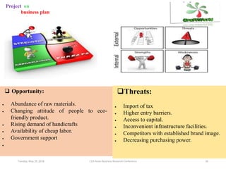 Tuesday, May 29, 2018 11th Asian Business Research Conference 26
Project on
business plan
 Opportunity:
 Abundance of raw materials.
 Changing attitude of people to eco-
friendly product.
 Rising demand of handicrafts
 Availability of cheap labor.
 Government support

Threats:
 Import of tax
 Higher entry barriers.
 Access to capital.
 Inconvenient infrastructure facilities.
 Competitors with established brand image.
 Decreasing purchasing power.
 