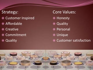 Strategy:             Core Values:
 Customer Inspired    Honesty
 Affordable           Quality
 Creative             Personal
 Commitment           Unique
 Quality              Customer satisfaction
 