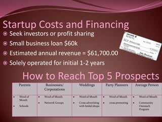 Startup Costs and Financing
 Seek investors or profit sharing
 Small business loan $60k
 Estimated annual revenue = $61,700.00
 Solely operated for initial 1-2 years

       How to Reach Top 5 Prospects
     Parents    Businesses/     Weddings            Party Planners      Average Person
               Corporations

     Word of   Word of Mouth    Word of Mouth         Word of Mouth       Word of Mouth
     Mouth
               Network Groups   Cross advertising     cross promoting     Community
     Schools                    with bridal shops                         Outreach
                                                                          Program
 