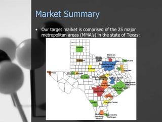Market Summary
• Our target market is comprised of the 25 major
metropolitan areas (MMA’s) in the state of Texas:
 