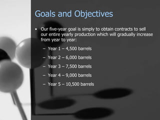Goals and Objectives
• Our five-year goal is simply to obtain contracts to sell
our entire yearly production which will gradually increase
from year to year:
– Year 1 – 4,500 barrels
– Year 2 – 6,000 barrels
– Year 3 – 7,500 barrels
– Year 4 – 9,000 barrels
– Year 5 – 10,500 barrels
 
