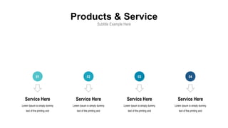 Products & Service
Subtitle Example Here
Service Here
Lorem Ipsum is simply dummy
text of the printing and
Service Here
Lorem Ipsum is simply dummy
text of the printing and
Service Here
Lorem Ipsum is simply dummy
text of the printing and
Service Here
Lorem Ipsum is simply dummy
text of the printing and
01 02 03 04
 