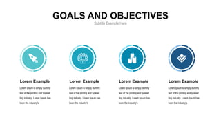 GOALS AND OBJECTIVES
Subtitle Example Here
Lorem Example
Lorem Ipsum is simply dummy
text of the printing and typeset
ting industry. Lorem Ipsum has
been the industry's
Lorem Ipsum is simply dummy
text of the printing and typeset
ting industry. Lorem Ipsum has
been the industry's
Lorem Ipsum is simply dummy
text of the printing and typeset
ting industry. Lorem Ipsum has
been the industry's
Lorem Ipsum is simply dummy
text of the printing and typeset
ting industry. Lorem Ipsum has
been the industry's
Lorem Example Lorem Example Lorem Example
 