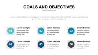 Lorem Ipsum is simply dummy
text of the printing and typeset
ting industry. Lorem
Lorem Example
01 Lorem Ipsum is simply dummy
text of the printing and typeset
ting industry. Lorem
Lorem Example
02 Lorem Ipsum is simply dummy
text of the printing and typeset
ting industry. Lorem
Lorem Example
03
Lorem Ipsum is simply dummy
text of the printing and typeset
ting industry. Lorem
Lorem Example
04 Lorem Ipsum is simply dummy
text of the printing and typeset
ting industry. Lorem
Lorem Example
05 Lorem Ipsum is simply dummy
text of the printing and typeset
ting industry. Lorem
Lorem Example
06
Lorem Ipsum is simply dummy text of the printing and typesetting industry. Lorem Ipsum has been the industry's standard dummy text ever since the 1500s, when an unknown printer took a galley of
type and scrambled it to make a type specimen book. electronic typesetting, remaining
GOALS AND OBJECTIVES
Subtitle Example Here
 