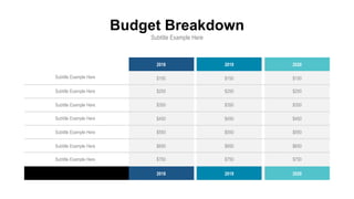 Budget Breakdown
Subtitle Example Here
Subtitle Example Here
Subtitle Example Here
Subtitle Example Here
Subtitle Example Here
Subtitle Example Here
Subtitle Example Here
Subtitle Example Here
$250
$350
$450
$550
$650
$750
$250
$350
$450
$550
$650
$750
$250
$350
$450
$550
$650
$750
2018 2019 2020
$150 $150 $150
2018 2019 2020
 