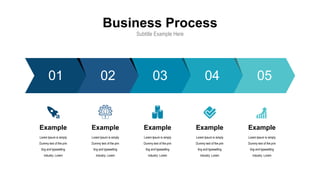 Business Process
Subtitle Example Here
Lorem Ipsum is simply
Dummy text of the prin
ting and typesetting
industry. Lorem
Example
Lorem Ipsum is simply
Dummy text of the prin
ting and typesetting
industry. Lorem
Example
Lorem Ipsum is simply
Dummy text of the prin
ting and typesetting
industry. Lorem
Example
Lorem Ipsum is simply
Dummy text of the prin
ting and typesetting
industry. Lorem
Example
Lorem Ipsum is simply
Dummy text of the prin
ting and typesetting
industry. Lorem
Example
01 02 03 04 05
 