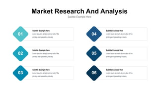 Market Research And Analysis
Subtitle Example Here
Lorem Ipsum is simply dummy text of the
printing and typesetting industry
Subtitle Example Here
Lorem Ipsum is simply dummy text of the
printing and typesetting industry
Subtitle Example Here
Lorem Ipsum is simply dummy text of the
printing and typesetting industry
Subtitle Example Here
Lorem Ipsum is simply dummy text of the
printing and typesetting industry
Subtitle Example Here
Lorem Ipsum is simply dummy text of the
printing and typesetting industry
Subtitle Example Here
Lorem Ipsum is simply dummy text of the
printing and typesetting industry
Subtitle Example Here
01
02
03
04
05
06
 