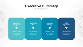 Executive Summary
Subtitle Example Here
Experienced
Management
Lorem Ipsum is simply
dummy text of the prin
ting and typese
Opportunity
Set
Lorem Ipsum is simply
dummy text of the prin
ting and typese
Investment
Strategy
Lorem Ipsum is simply
dummy text of the prin
ting and typese
Stable
Organization
Lorem Ipsum is simply
dummy text of the prin
ting and typese
 