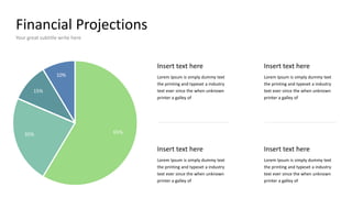 Financial Projections
Your great subtitle write here
Insert text here
Lorem Ipsum is simply dummy text
the printing and typeset a industry
text ever since the when unknown
printer a galley of
Insert text here
Lorem Ipsum is simply dummy text
the printing and typeset a industry
text ever since the when unknown
printer a galley of
Insert text here
Lorem Ipsum is simply dummy text
the printing and typeset a industry
text ever since the when unknown
printer a galley of
Insert text here
Lorem Ipsum is simply dummy text
the printing and typeset a industry
text ever since the when unknown
printer a galley of
10%
15%
35% 65%
 
