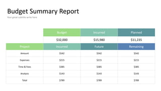 Budget Summary Report
Your great subtitle write here
Budget Incurred Planned
$32,000 $15,980 $11,235
Project Incurred Future Remaining
Amount
Expenses
Time & Fees
Analysis
Total
$542
$215
$385
$143
$789
$542
$215
$385
$143
$789
$542
$215
$385
$143
$789
 