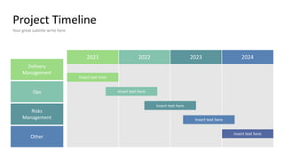 Project Timeline
Your great subtitle write here
Delivery
Management
Ops
Risks
Management
Other
2021 2022 2023 2024
Insert text here
Insert text here
Insert text here
Insert text here
Insert text here
 